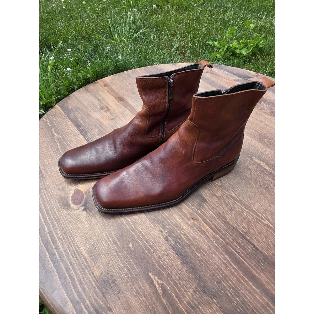 Kenneth Cole Men's Brown Leather Ankle Boots Size 12 Made in Italy Zip Up